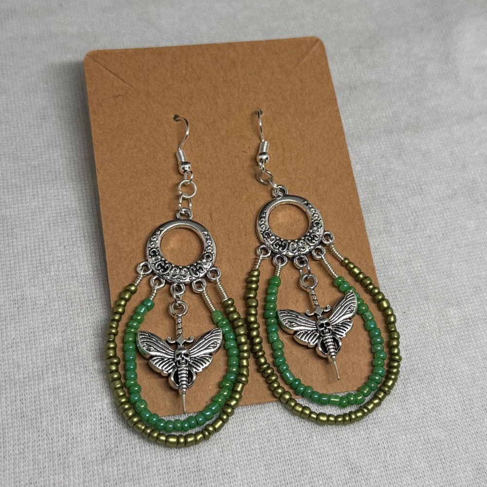Silver and Green Beaded Moth Earrings
